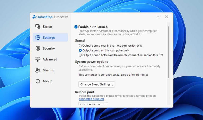 Settings tab on the Splashtop app on Windows.