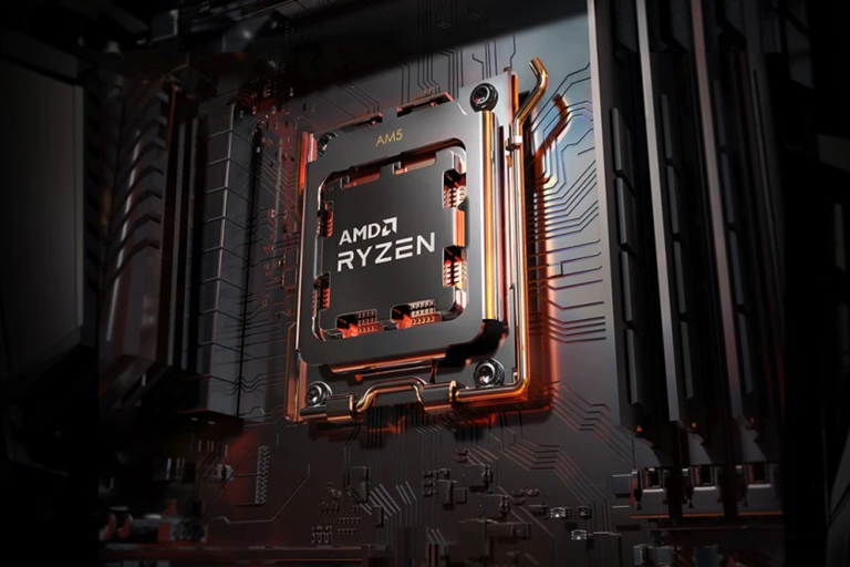 A render of a Ryzen 7000 CPU in an AM5 motherboard.