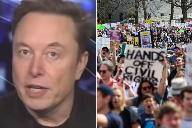 Elon Musk and protest banner side-by-side