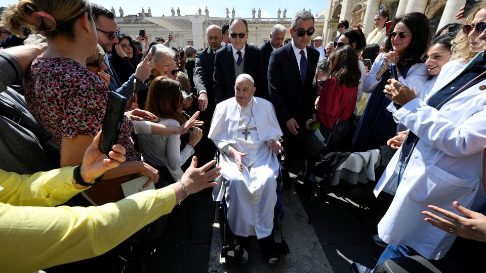 With oxygen tube and in wheelchair, Pope Francis makes surprise public