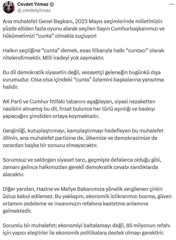 Özgür Özel'e Cumhurbaşkanı Yardımcısı Yılmaz'dan sert tepki: Esasında halkı cuntacı olarak niteliyor