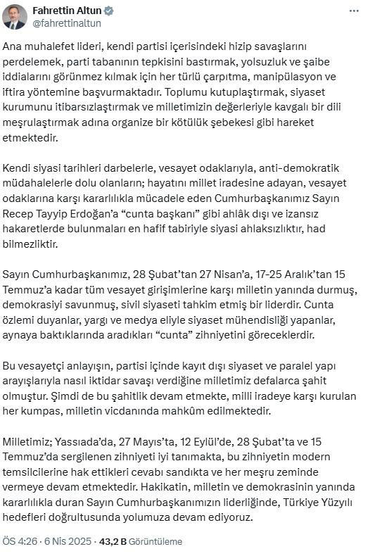 Özgür Özel'e Cumhurbaşkanı Yardımcısı Yılmaz'dan sert tepki: Esasında halkı cuntacı olarak niteliyor