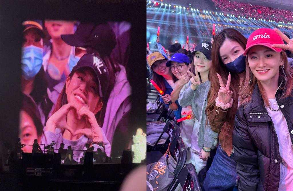 陳妍希（右圖中）看阿妹演唱會「哭的暢快」，大螢幕比心掀粉絲嗨翻。（圖／微博 陳妍希michelle）