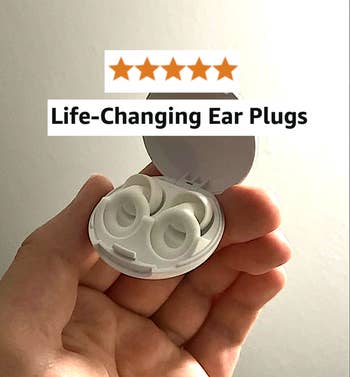Hand holding a small open case with a pair of ear plugs. Text reads: