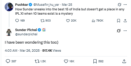 IPL 2025: Google CEO Sundar Pichai's Viral Tweet On Washington Sundar