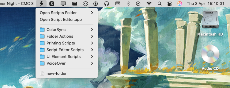 A macOS menu bar showing a Script Editor icon with an open menu.