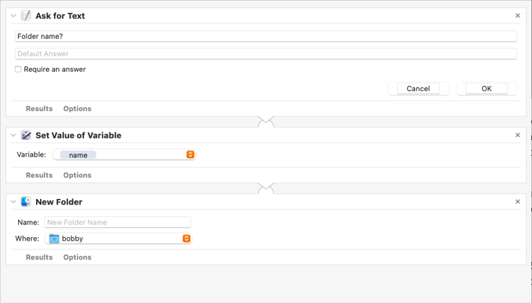 An Automator workflow including three actions in a column.