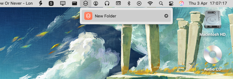 A macOS menu bar showing the Shortcuts icon open with a menu including a New Folder shortcut.