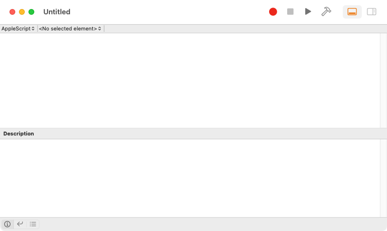 A blank Script Editor window on macOS showing icons to record and play above an empty text box.