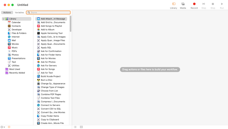 A blank Automator script on macOS showing a list of categories and actions within them.