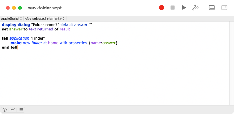 An AppleScript window showing the code to fetch a name using a dialog and create a new folder.