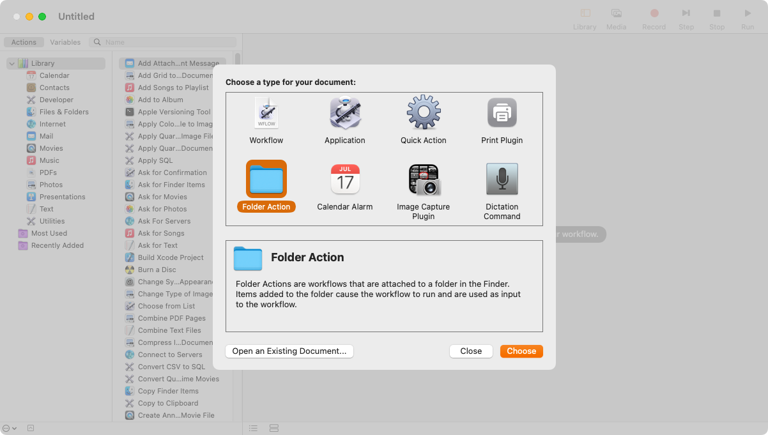 A dialog asking the user to choose a document type, from options like Workflow and Quick Action.