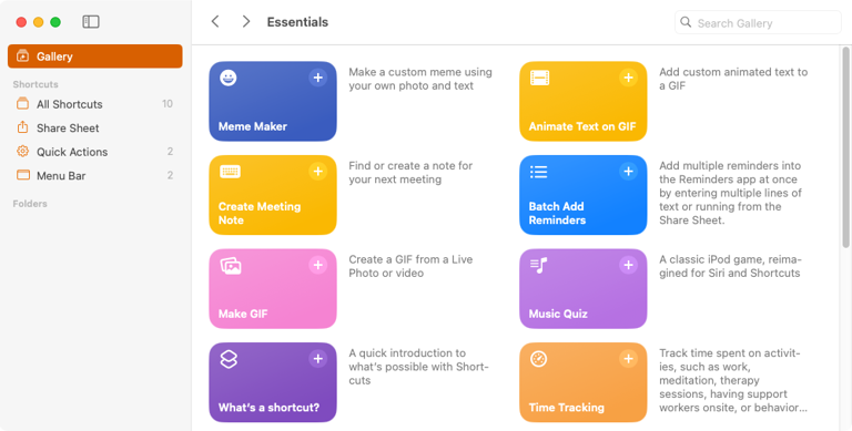 The Shortcuts app showing a gallery of available shortcuts, including one to make a meme and one to create a meeting note. 
