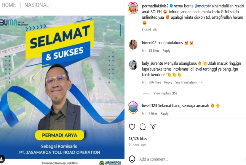Permadi Arya sempat dikabarkan jadi Komisaris Jasa Marga.