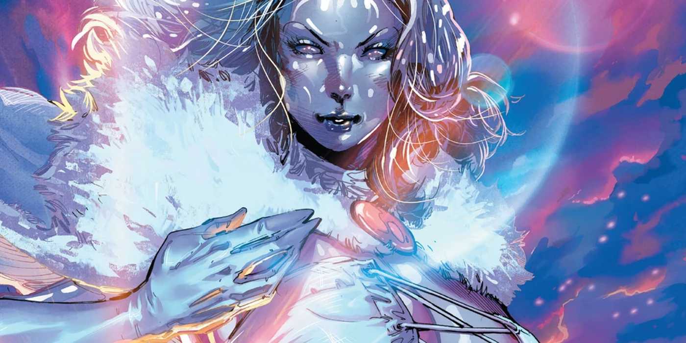 emma frost gleaming in her diamond form with the sky behind her.