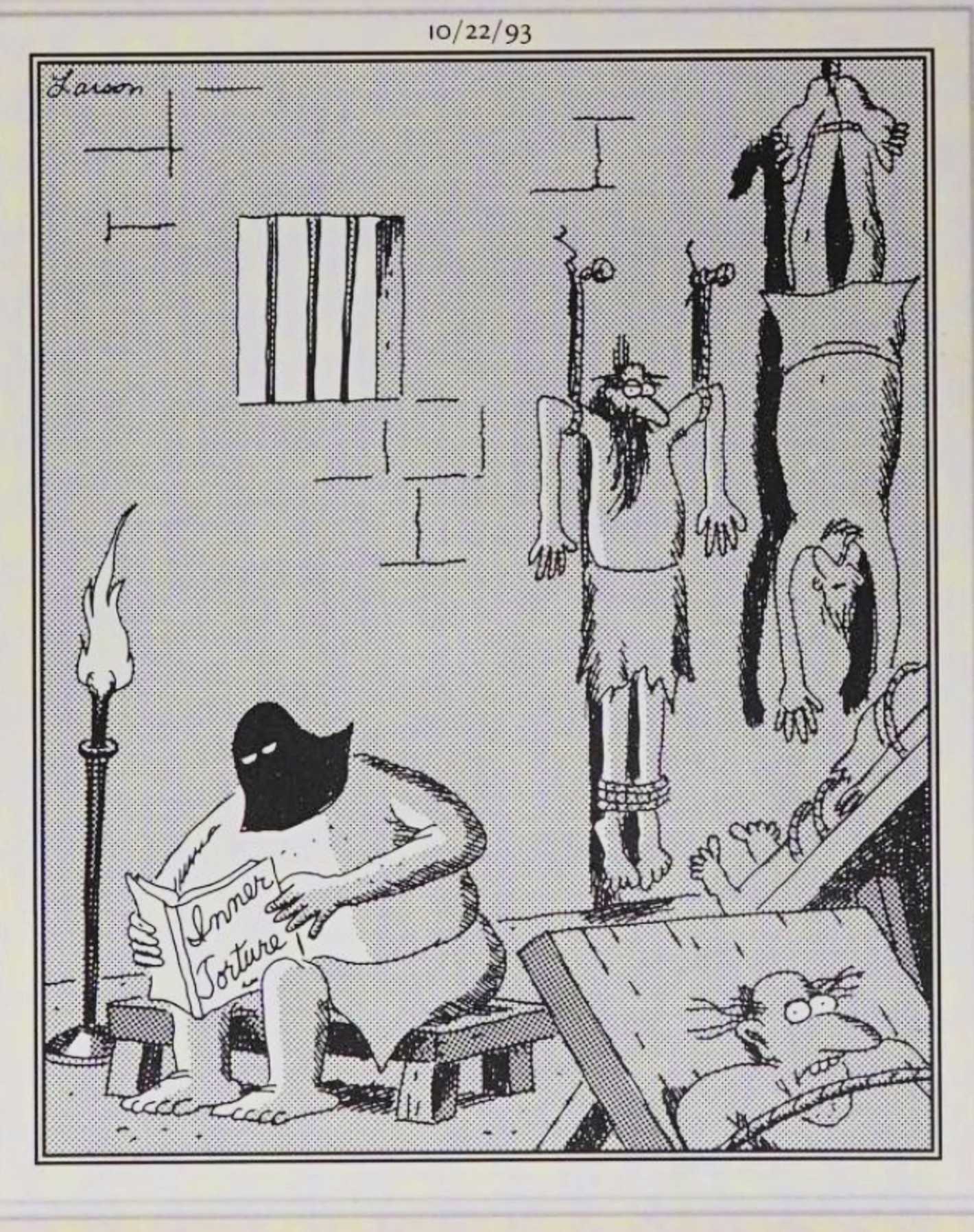 Far Side, October 22, 1993, a dungeon master reading a book entitled 'inner torture'