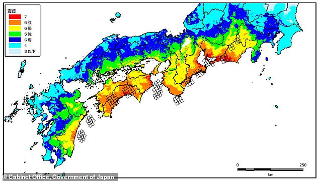 According to a new analysis, an earthquake in the Nankai Trench off Japan's Pacific coast would have devastating consequences. This map shows the intensity of tremors according to Japan's seven-point scale. Regions shown in orange and red would be hit by tremors ranking six to seven - the highest scores possible