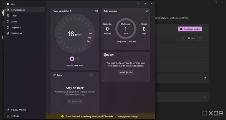 Menu showing the Focus option list in Windows 11