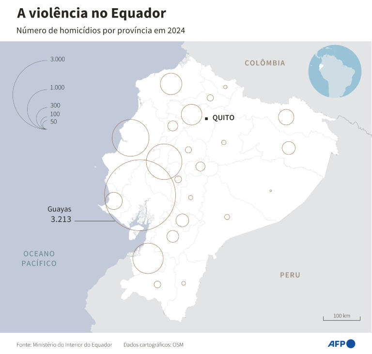 Número de homicídios por província em 2024, segundo dados do Ministério do Interior do Equador.
