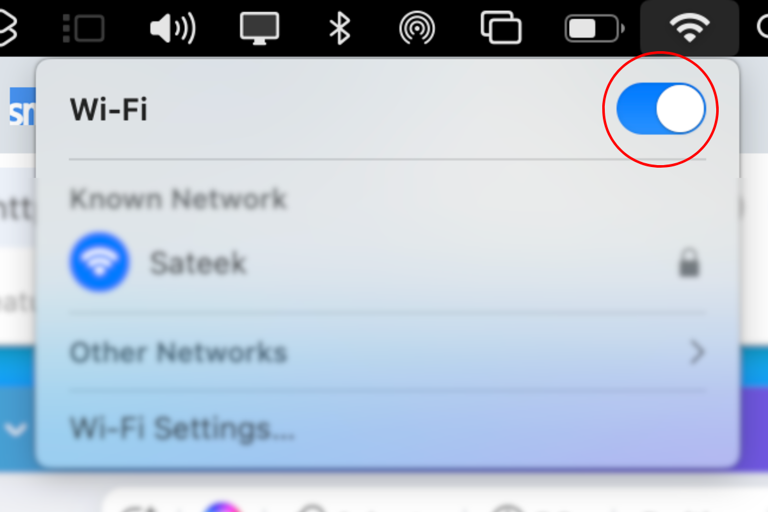 Screenshot of the Wi-Fi toggle in the menu bar at the top of a MacBook desktop.