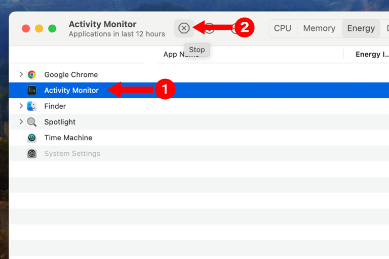 Screenshot of the Activity Monitor on macOS with arrows next to the app's name and the close button.
