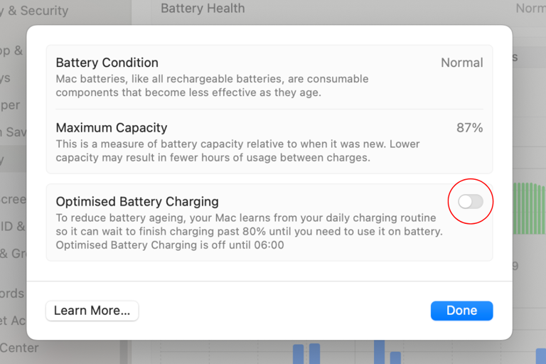 Screenshot of the Optimized Battery Charging toggle in the battery settings menu on macOS.