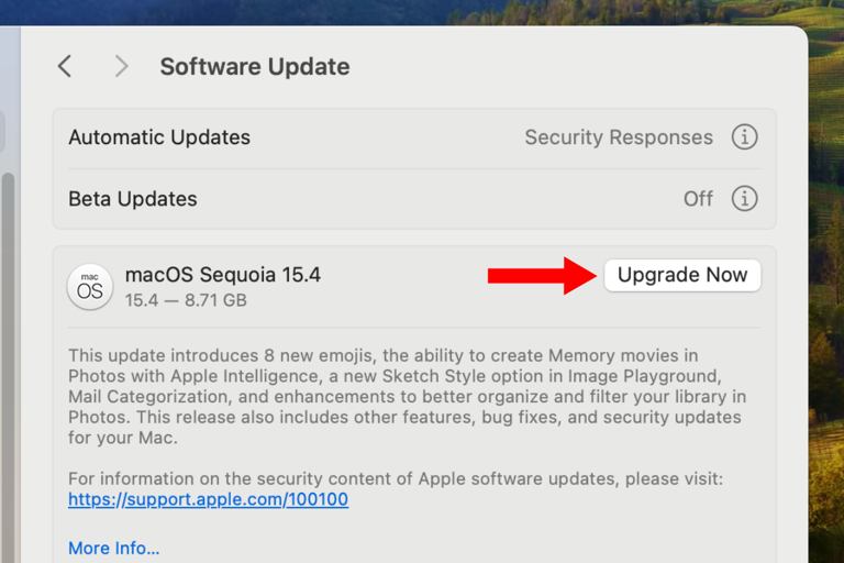 Screenshot of the Software Update menu in macOS settings app with an arrow next to the Upgrade Now button.