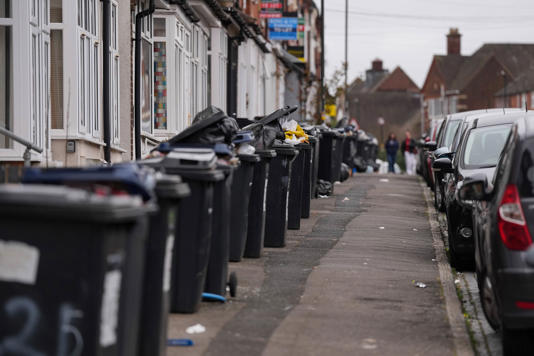 Overflowing bins in Selly Oak, Birmingham during the bin workers’ strike (Jacob King/PA) (PA Wire)