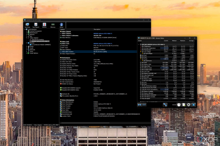 Screenshot of HWiNFO showing information about the GPU as well as sensor data
