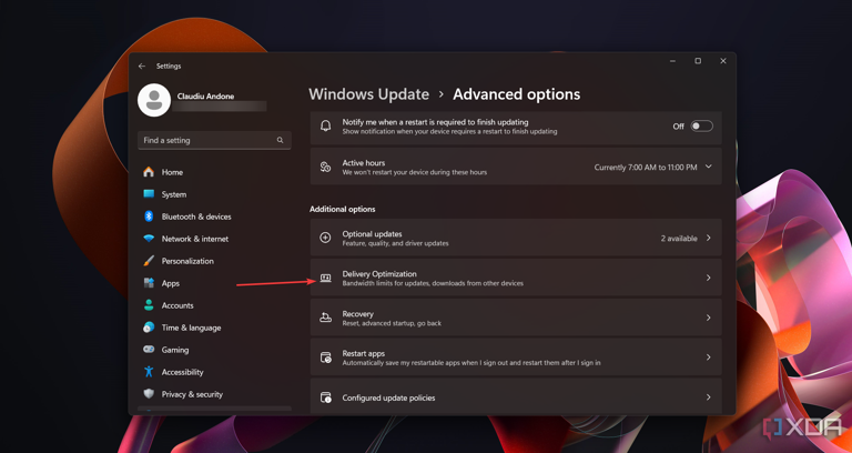 Instructions to access Delivery Optimization in Settings