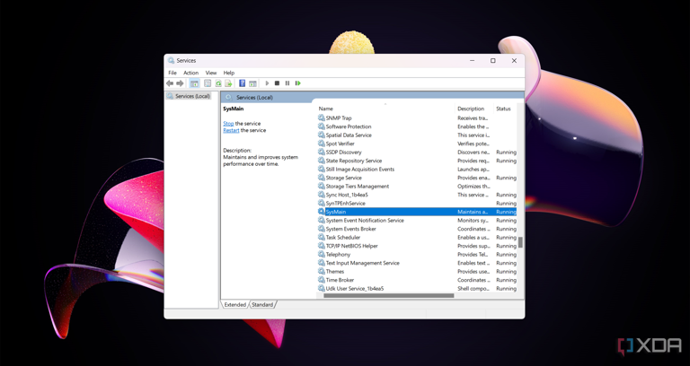 Highlighting the SysMain service in the list of services