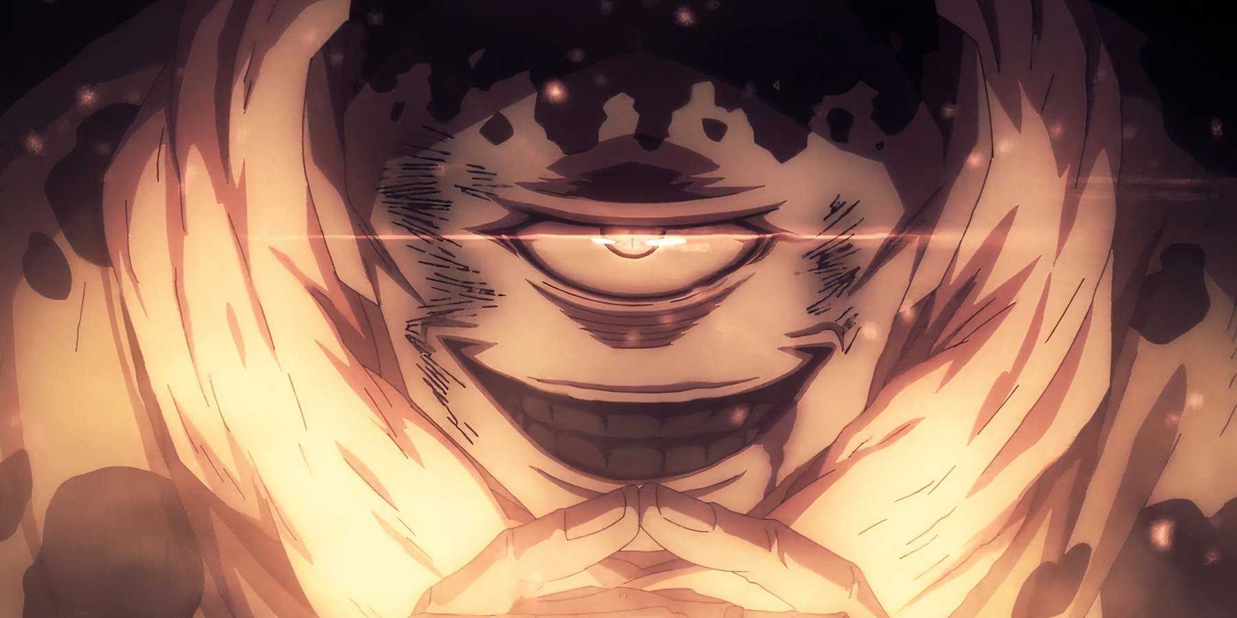 Jogo smiles with bright light around him in the Jujutsu Kaisen anime.