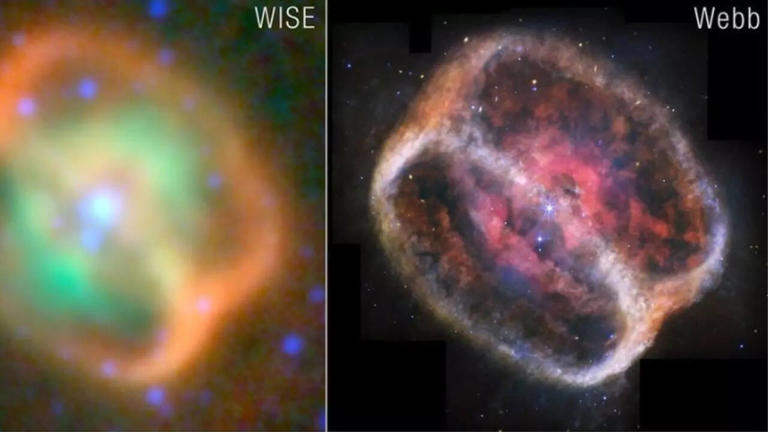 NASA’s James Webb Space Telescope captures the unique hourglass nebula of dying twin stars
