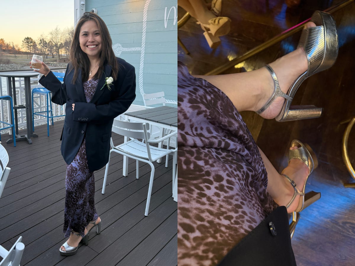 Left: A full-body shot of the author in formal attire with Inez heels. Right: Close-up of silver Inez heels.