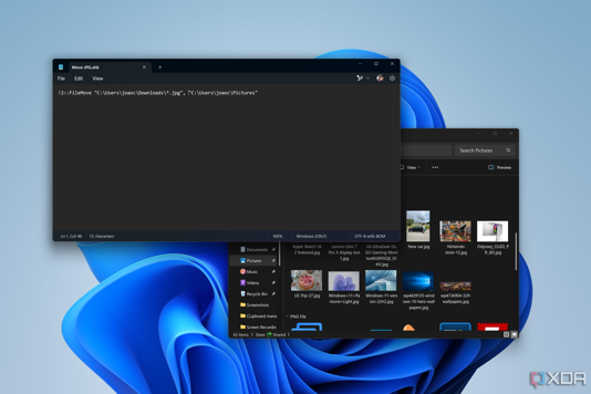 Scrreenshot of Notepad showing a AutoHotKey script for moving JPG files into the Pictures folder. File Explorer is in the background showing JPG files in the Pictures folder