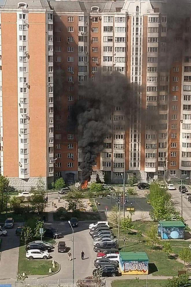 Flames and smoke rise from the scene where Lt. Gen. Yaroslav Moskalik was killed by an explosive device placed in a car in Balashikha, just outside Moscow, on April 25, 2025.