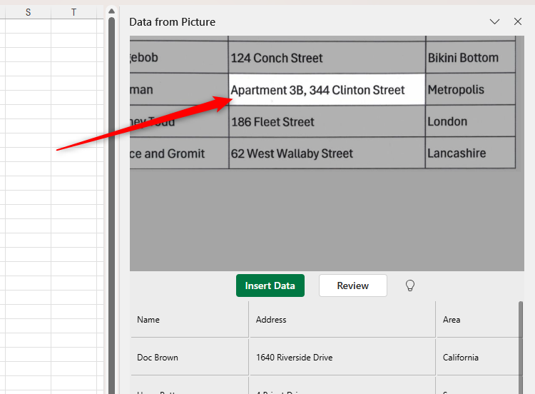 The Data From Picture tab in Microsoft Excel, with an imported cell identified as one potentially containing copying issues.
