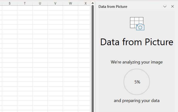 Microsoft Excel's Data From Picture sidebar showing that the program is analyzing the data that has been selected as the data source.