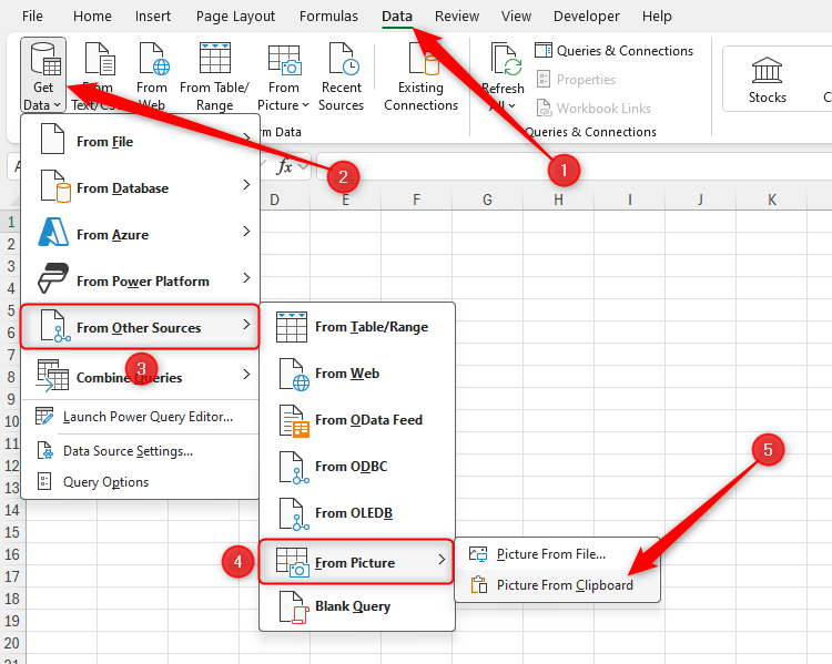 The Picture From Clipboard option in Microsoft Excel's Get Data drop-down menu in the Data tab on the ribbon.