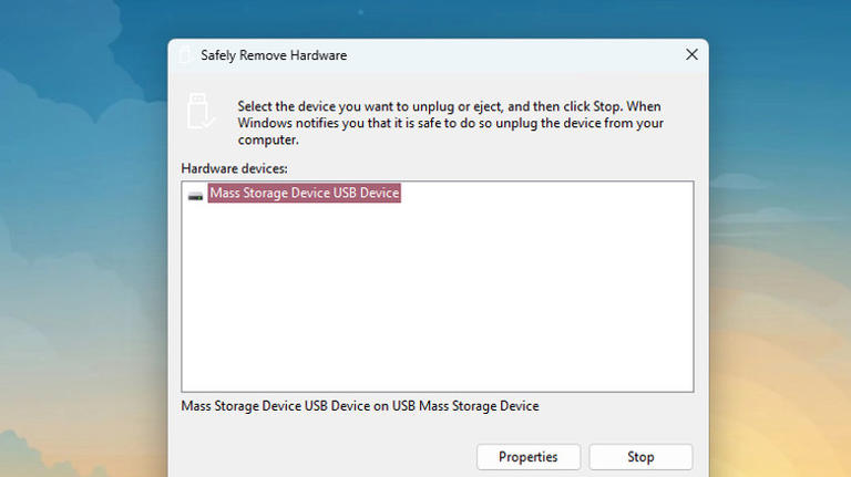 Safely Remove Hardware tool on Windows showing USB drive