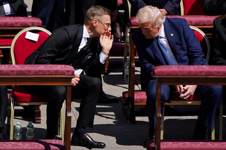 President Donald Trump and Finland's President Alexander Stubb attend the funeral Mass of Pope Francis in St. Peter's Square at the Vatican, April 26, 2025.