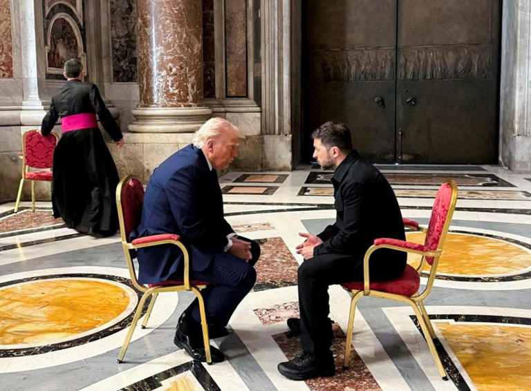 President Donald Trump and Ukraine's President Volodymyr Zelenskyy meet during the funeral of Pope Francis at the Vatican April 26, 2025.