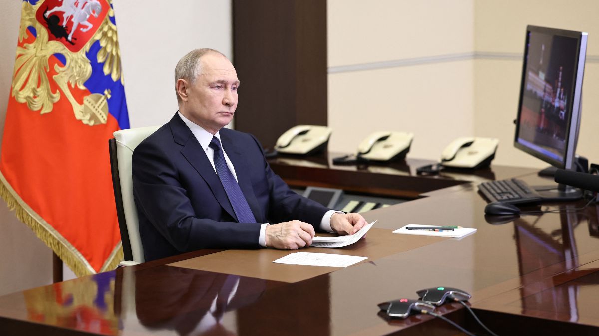 In this pool photograph distributed by Russian state agency Sputnik, Russia's President Vladimir Putin attends a meeting with Chief of the General Staff of the Russian Armed Forces via videoconference at the Novo-Ogaryovo state residence outside Moscow on April 26, 2025. AP Photo