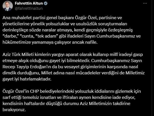 Fahrettin Altun'dan Özgür Özel'e sert tepki: İftiralarını kendisine iade ediyoruz