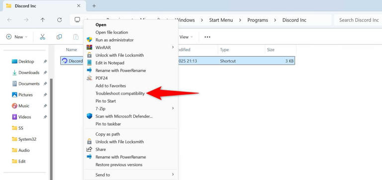 "Troubleshoot Compatibility" highlighted in the context menu of an app.