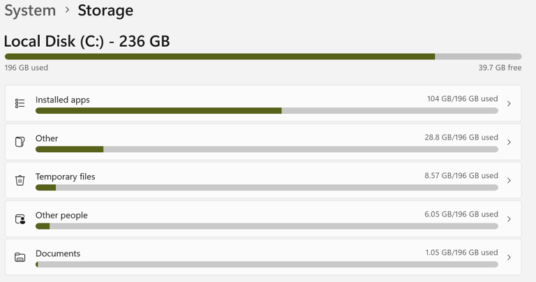 Checking what's taking up the storage space on the C drive in Windows.