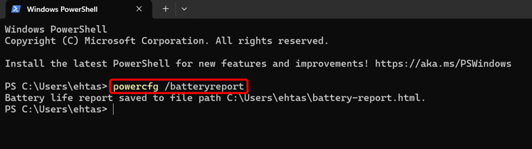 Generating a battery health report from the Windows PowerShell utility.