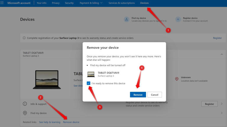 Removing a suspicious device from a Microsoft account.