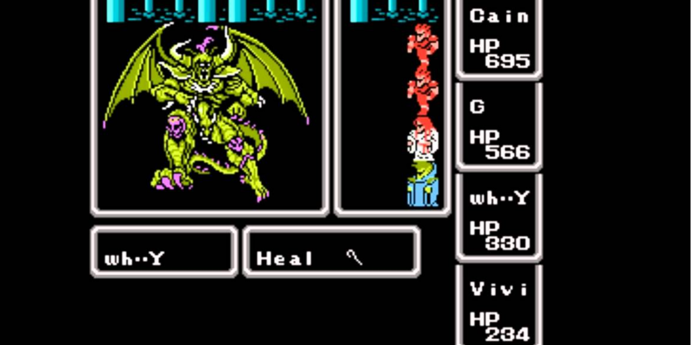 The party fights the final boss, Chaos, in Final Fantasy for the NES.