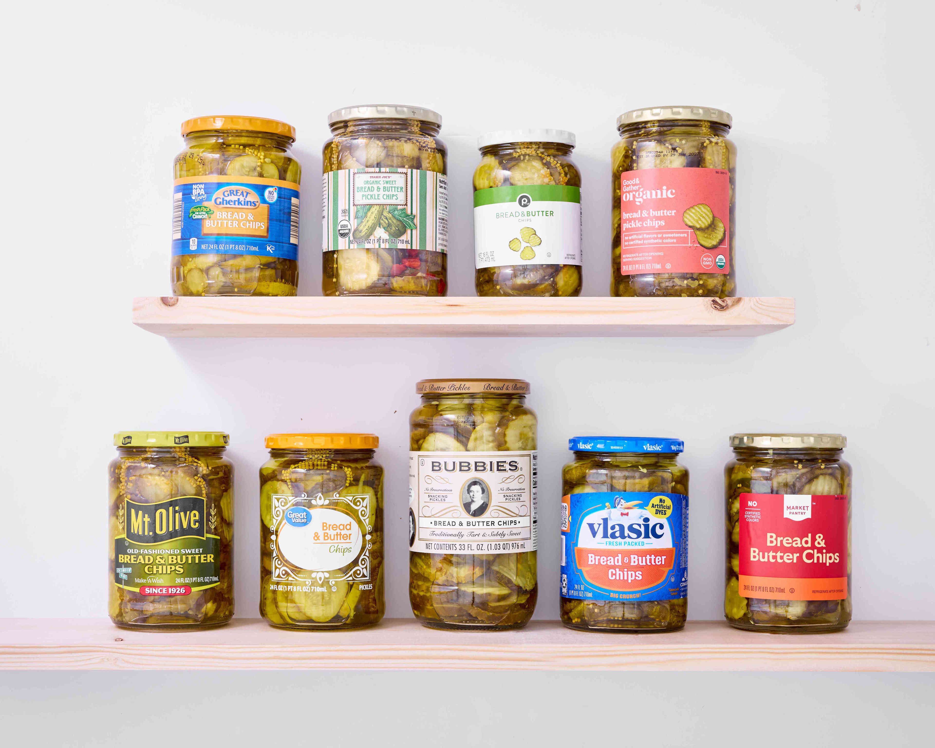 Nine brands of bread and butter pickles